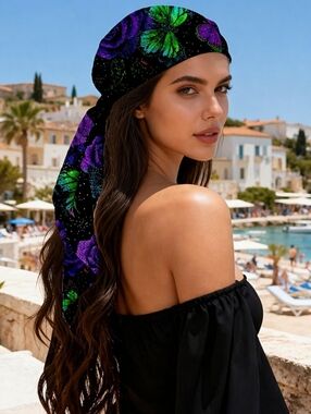 Purple Rose Green Butterfly Head Scarf Wrap Bandana Shawl